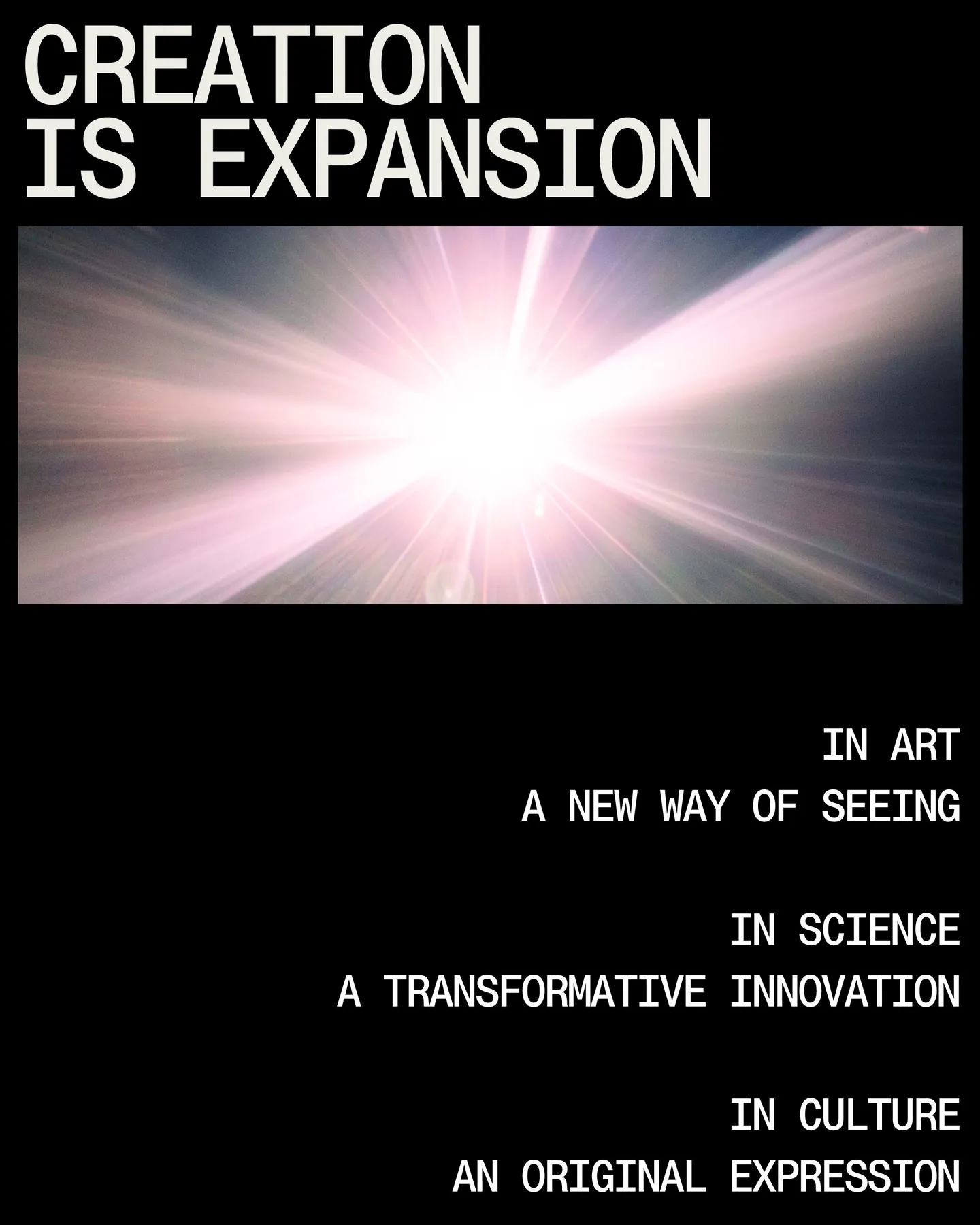 Page 18 of 29. CREATION IS EXPANSION In art a new way of seein q In science a TRANSFORMATIVE innovatio x In culture aN ORIGINAL EXPRESSION